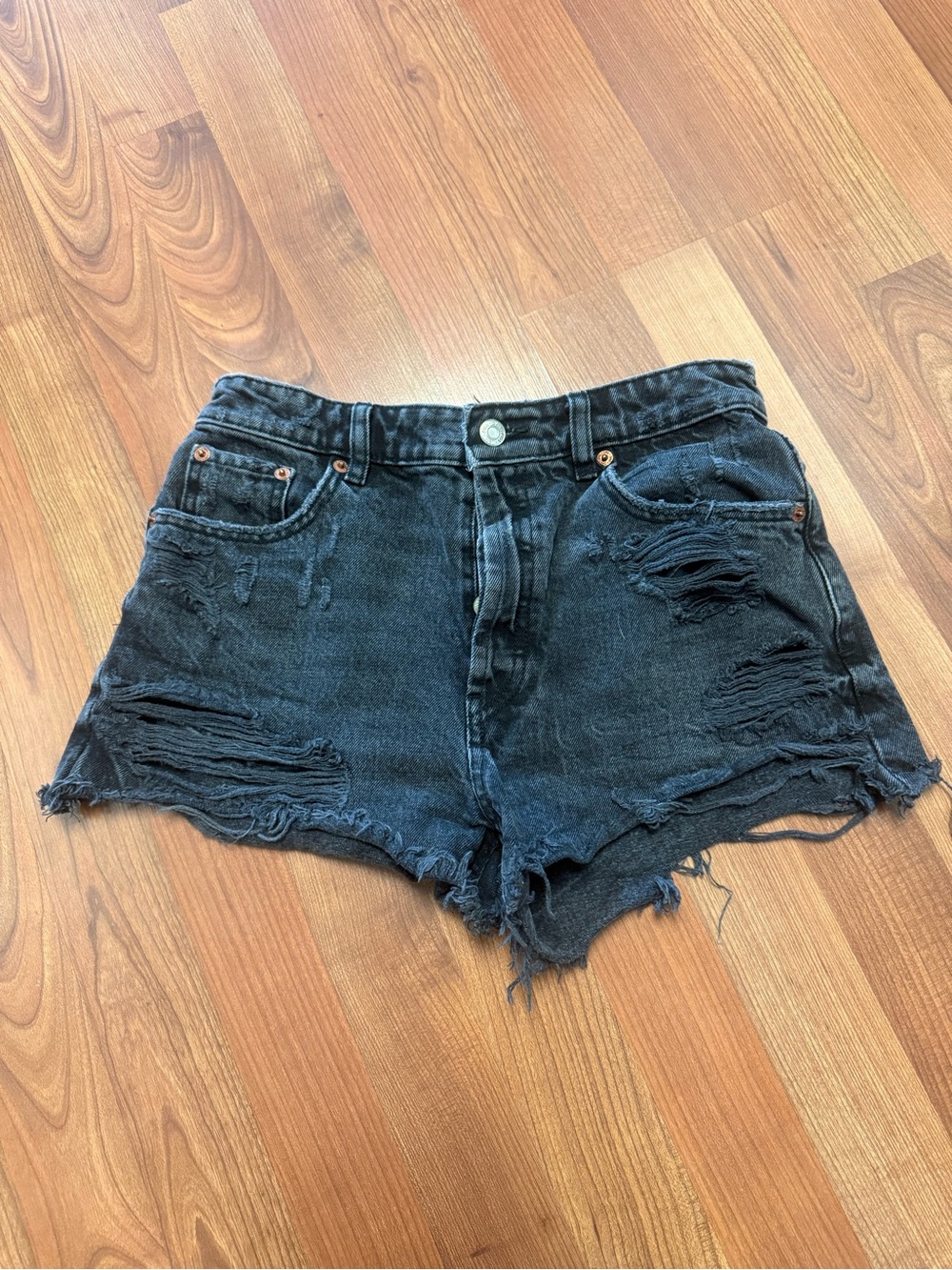 Zara Black Distressed High-Rise Denim Shorts
